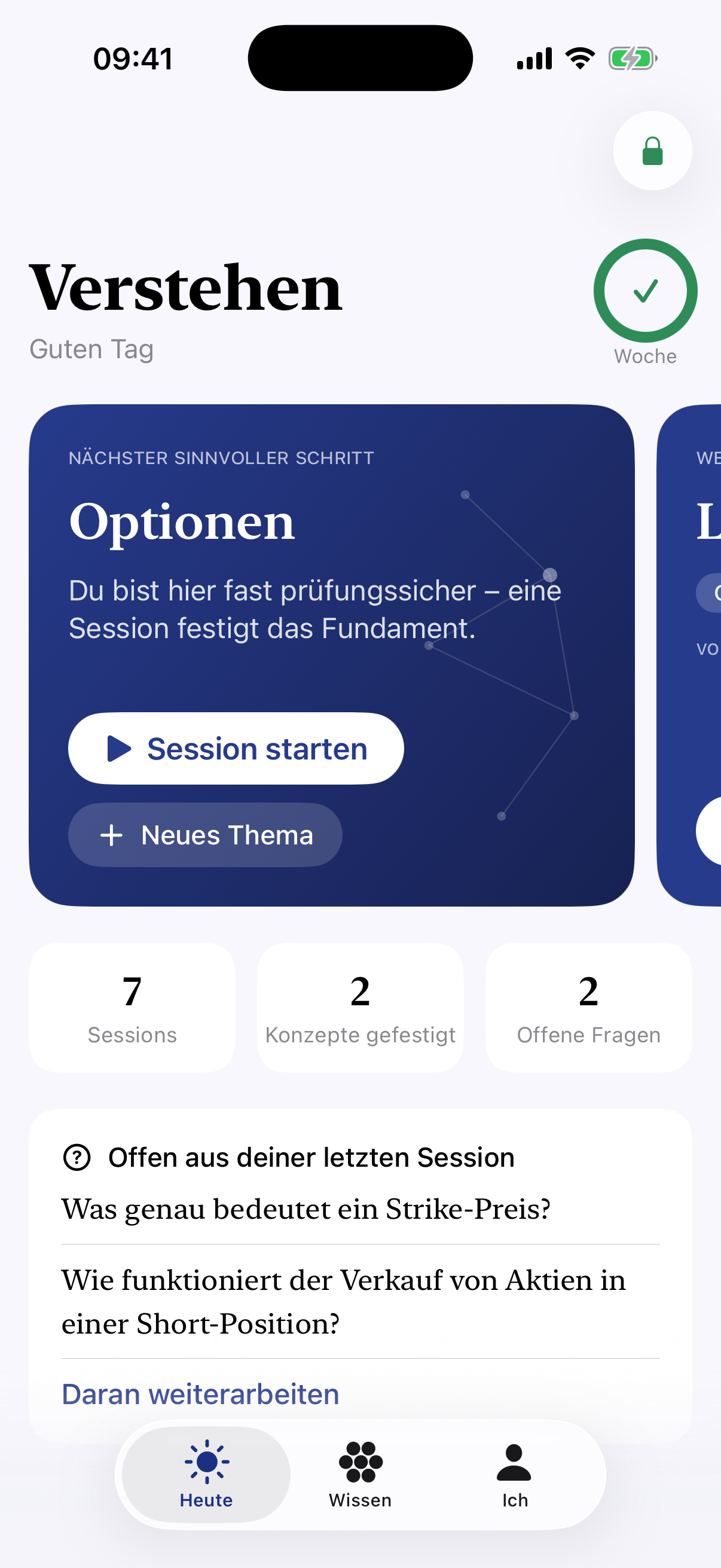 Verstehen auf dem iPhone: der Heute-Screen mit dem nächsten sinnvollen Lernschritt